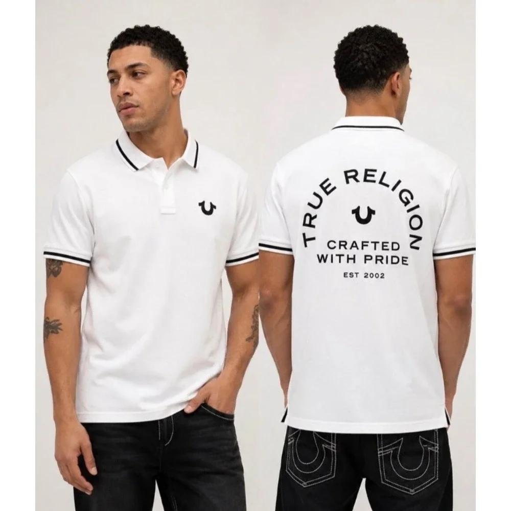True Religion Men's Crafted With Pride Polo Shirt White with Black Trim Size XXL